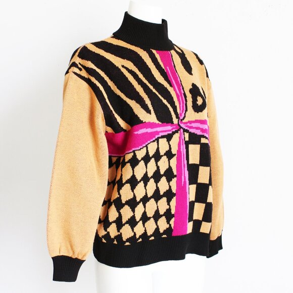 St John Sweater Pullover Turtle Neck Animal Geometric Ribbon Long Sleeve - Picture 3 of 6